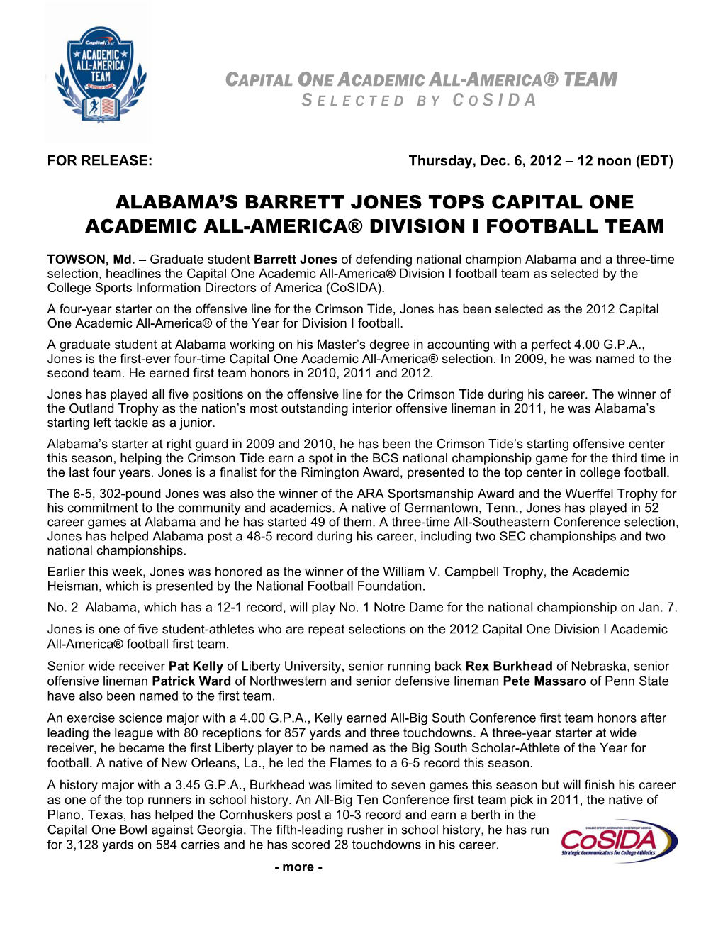 Alabama's Barrett Jones Tops Capital One Academic All
