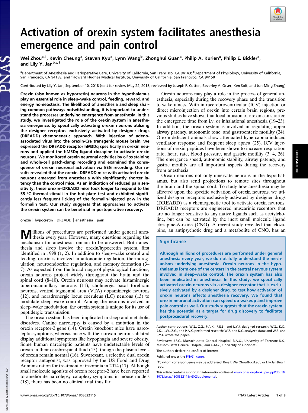 Activation of Orexin System Facilitates Anesthesia Emergence and Pain Control