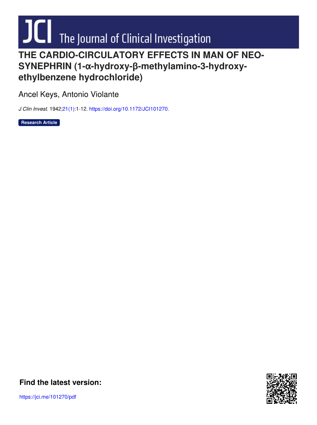 THE CARDIO-CIRCULATORY EFFECTS in MAN of NEO- SYNEPHRIN (1-Α-Hydroxy-Β-Methylamino-3-Hydroxy- Ethylbenzene Hydrochloride)