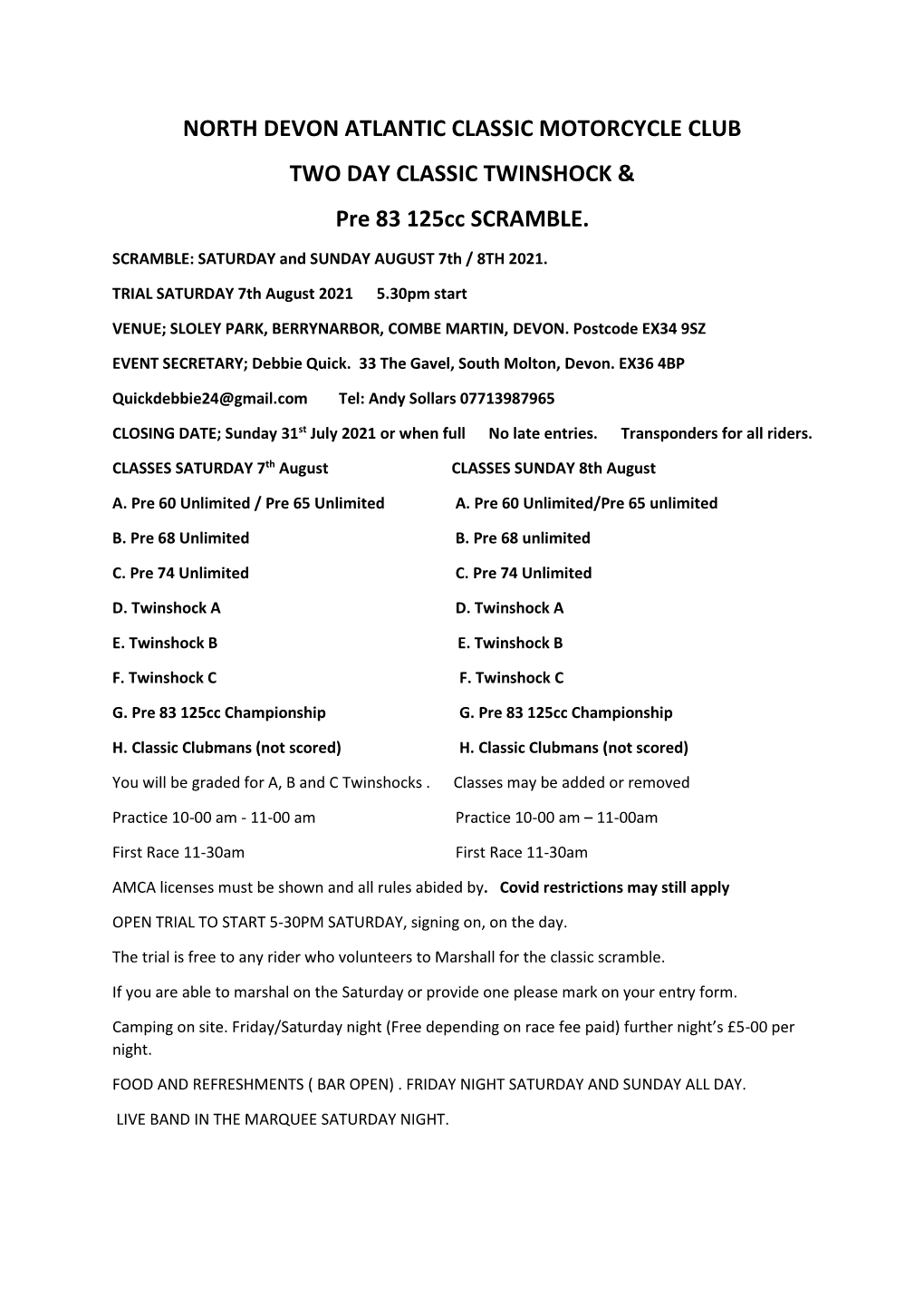 NORTH DEVON ATLANTIC CLASSIC MOTORCYCLE CLUB TWO DAY CLASSIC TWINSHOCK & Pre 83 125Cc SCRAMBLE