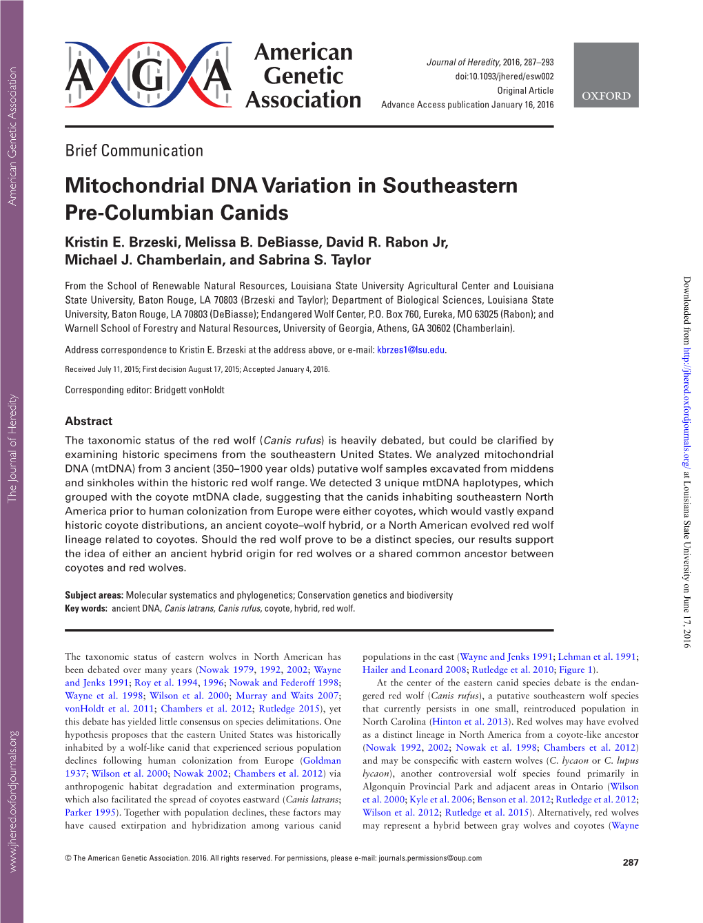 Mitochondrial DNA Variation in Southeastern Pre-Columbian Canids Kristin E