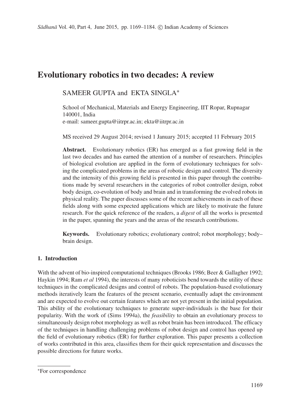 Evolutionary Robotics in Two Decades: a Review