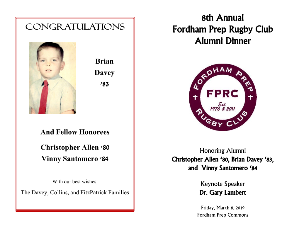 8Th Annual Fordham Prep Rugby Club Alumni Dinner