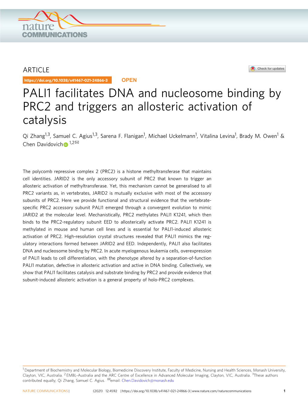 PALI1 Facilitates DNA and Nucleosome Binding by PRC2 and Triggers an Allosteric Activation of Catalysis