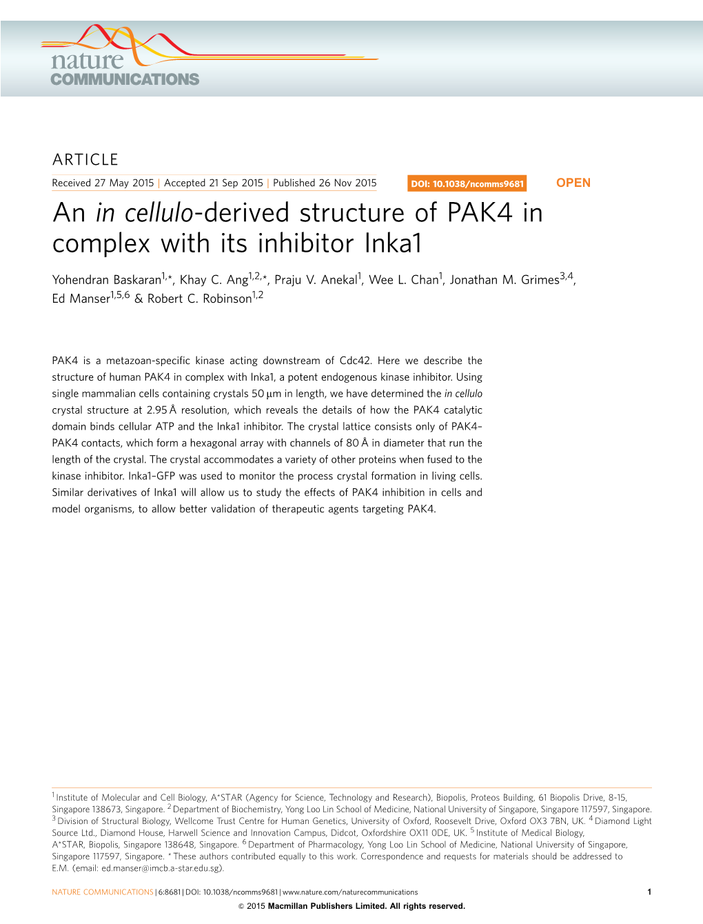 An in Cellulo-Derived Structure of PAK4 in Complex with Its Inhibitor Inka1