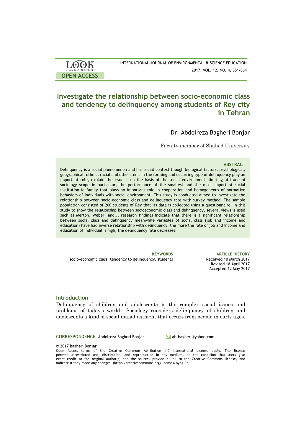 Investigate the Relationship Between Socio-Economic Class and Tendency to Delinquency Among Students of Rey City in Tehran