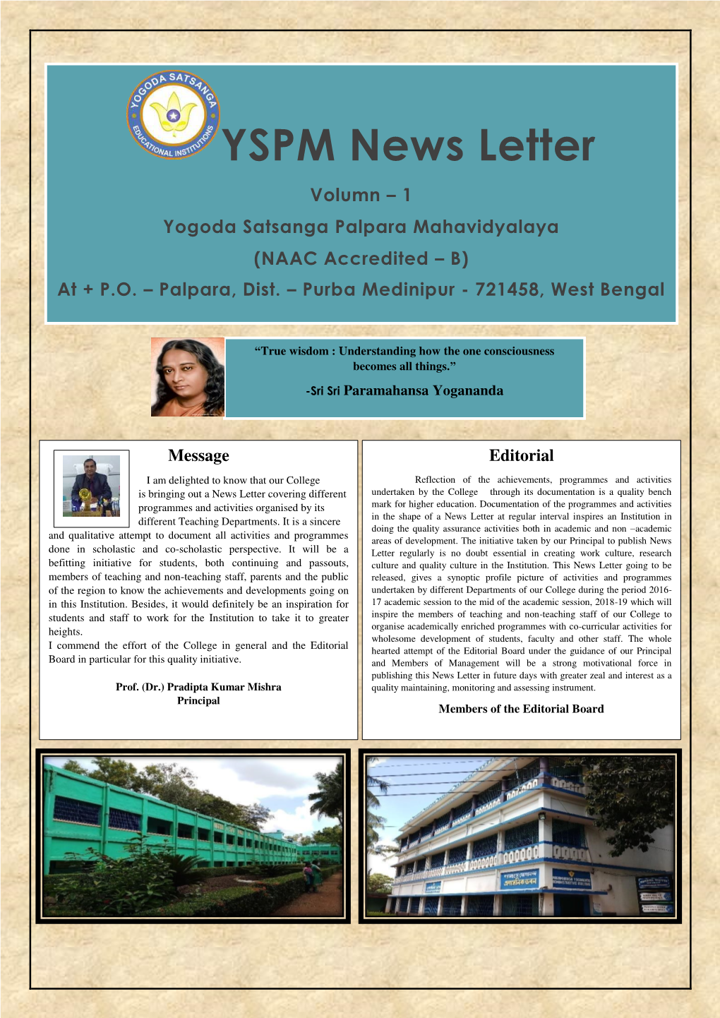 YSPM News Letter Volumn – 1 Yogoda Satsanga Palpara Mahavidyalaya (NAAC Accredited – B) at + P.O