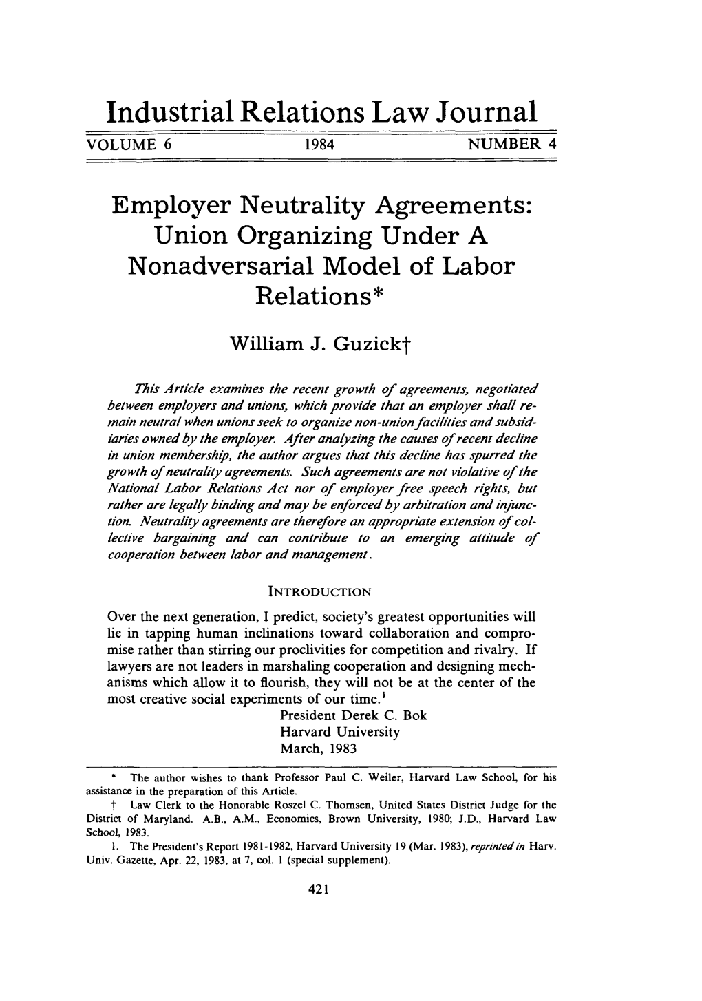 Employer Neutrality Agreements: Union Organizing Under a Nonadversarial Model of Labor Relations*