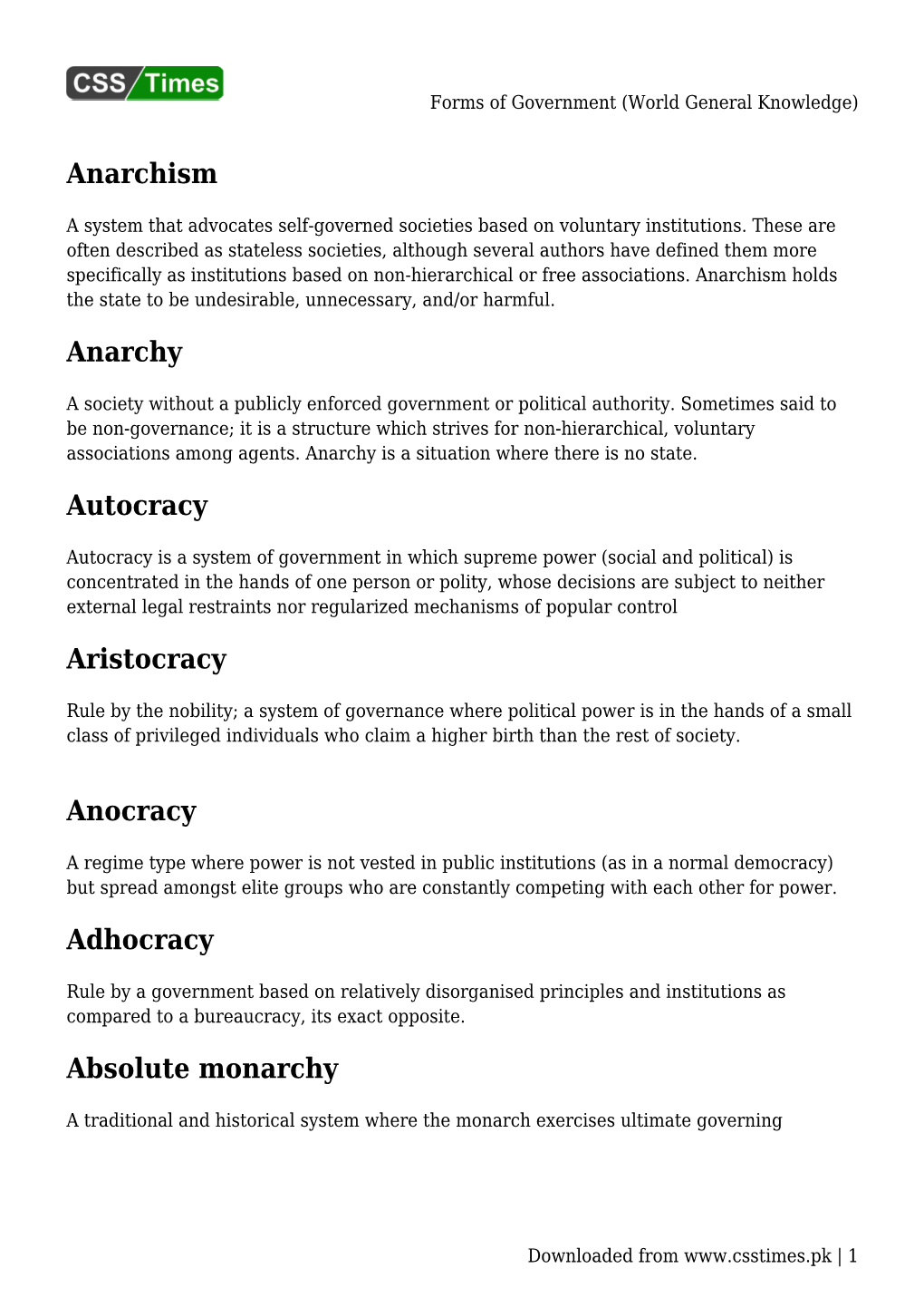 Forms of Government (World General Knowledge)