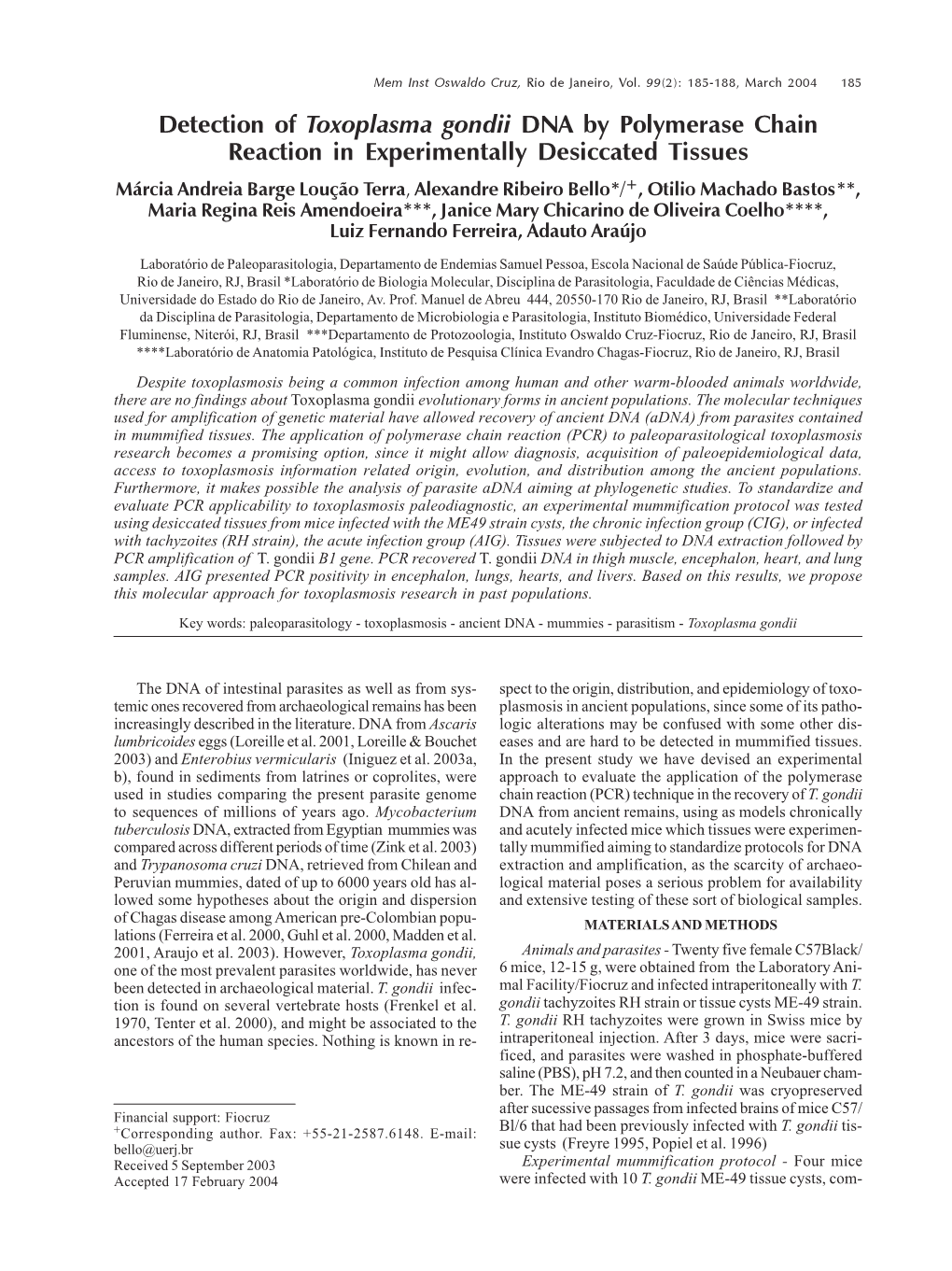 Detection of Toxoplasma Gondii DNA by Polymerase Chain Reaction in Experimentally Desiccated Tissues