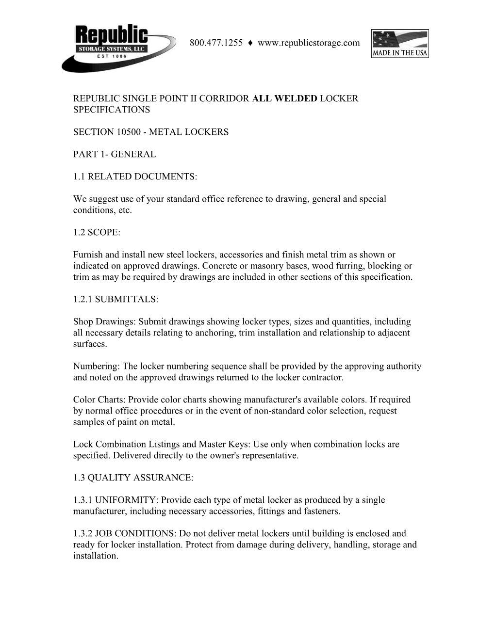 Republic Single Point Ii Corridor Locker Specifications