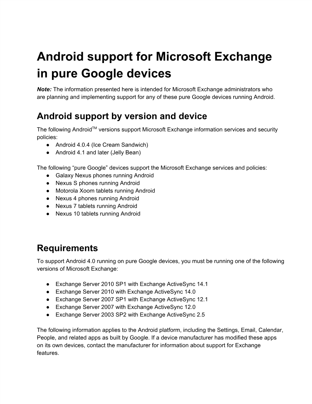 Android Support for Microsoft Exchange in Pure Google Devices