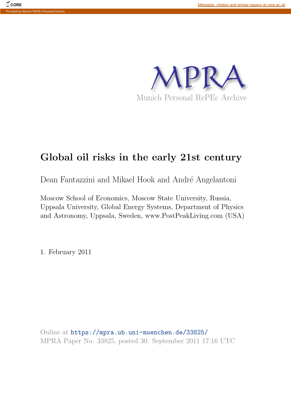 Global Oil Risks in the Early 21St Century