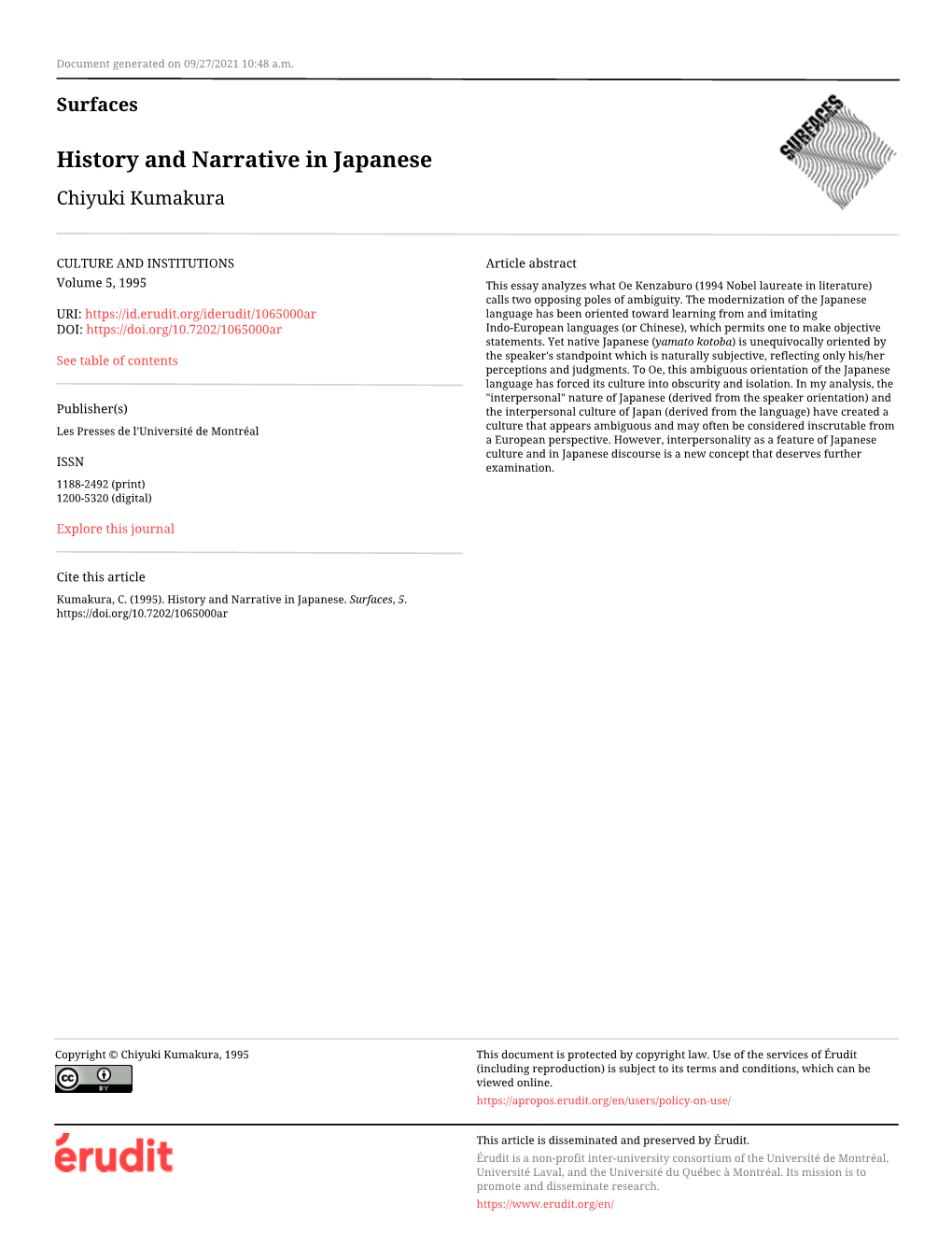 History and Narrative in Japanese Chiyuki Kumakura