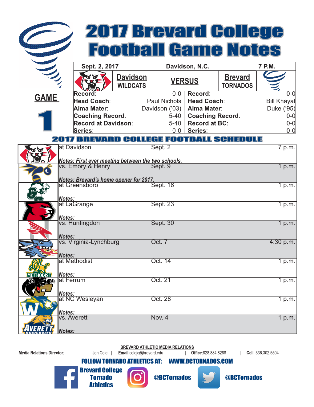 2017 Brevard College Football Game Notes Sept