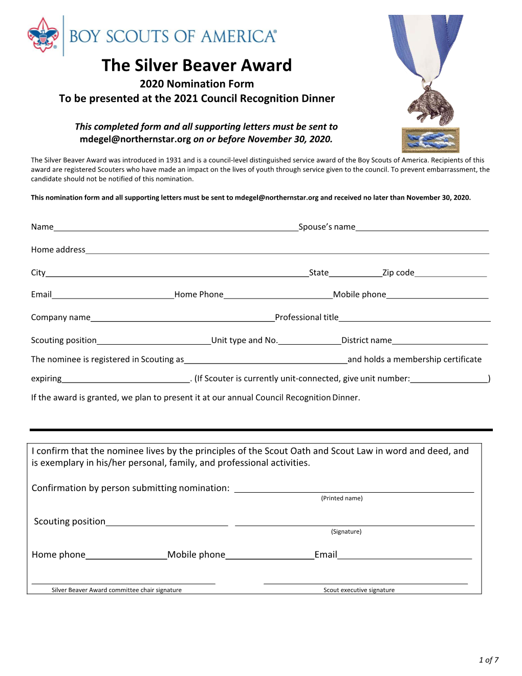 The Silver Beaver Award 2020 Nomination Form to Be Presented at the 2021 Council Recognition Dinner