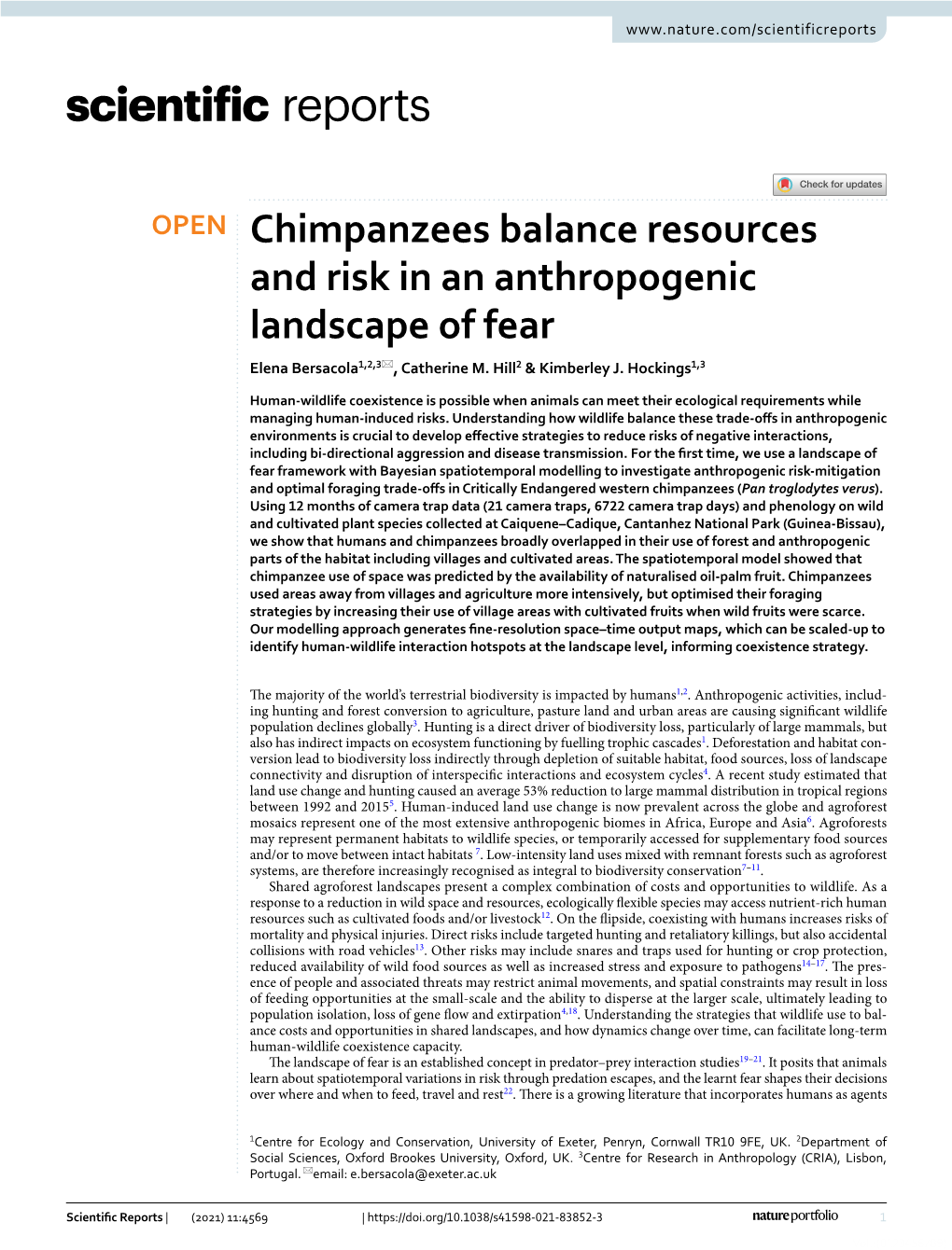 Chimpanzees Balance Resources and Risk in an Anthropogenic Landscape of Fear Elena Bersacola1,2,3*, Catherine M