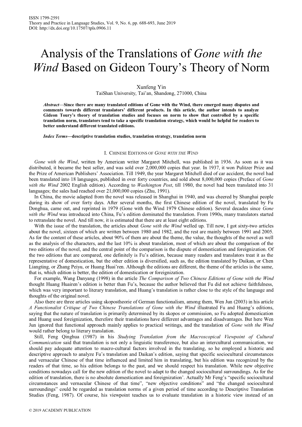 Analysis of the Translations of Gone with the Wind Based on Gideon Toury's Theory of Norm