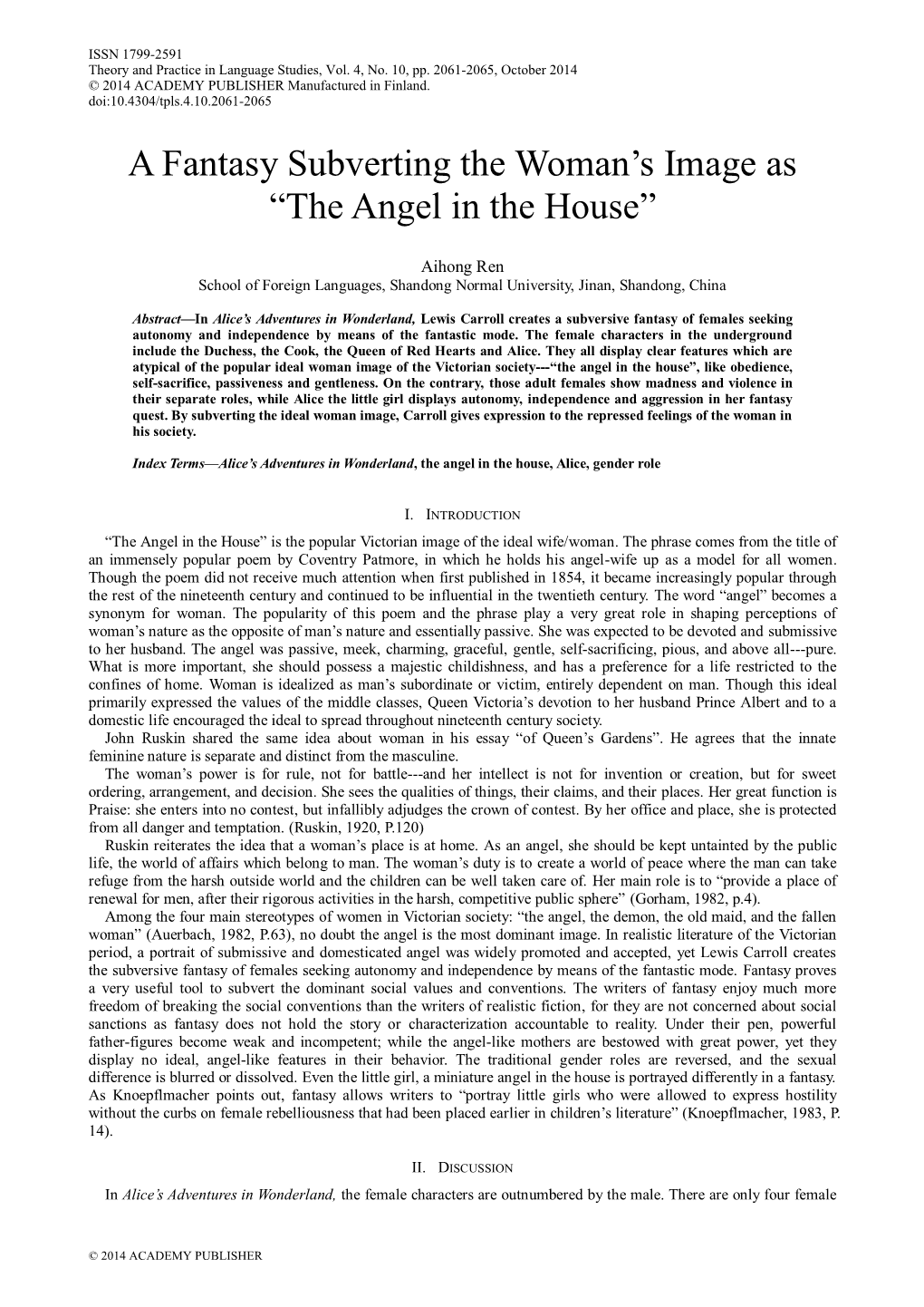 A Fantasy Subverting the Woman‟S Image As “The Angel in the House”