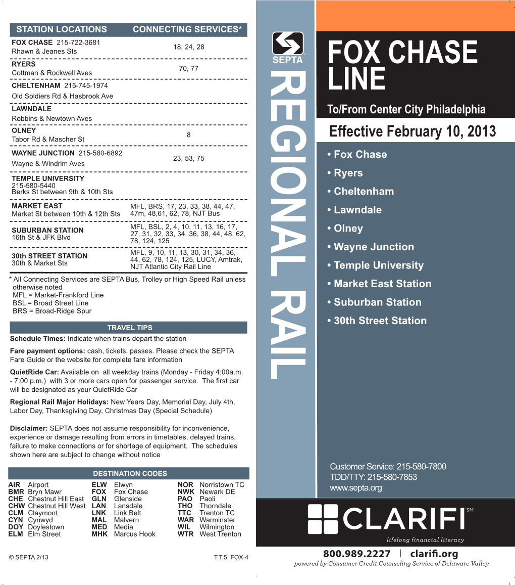 Fox Chase Line Public Timetable Layout 13