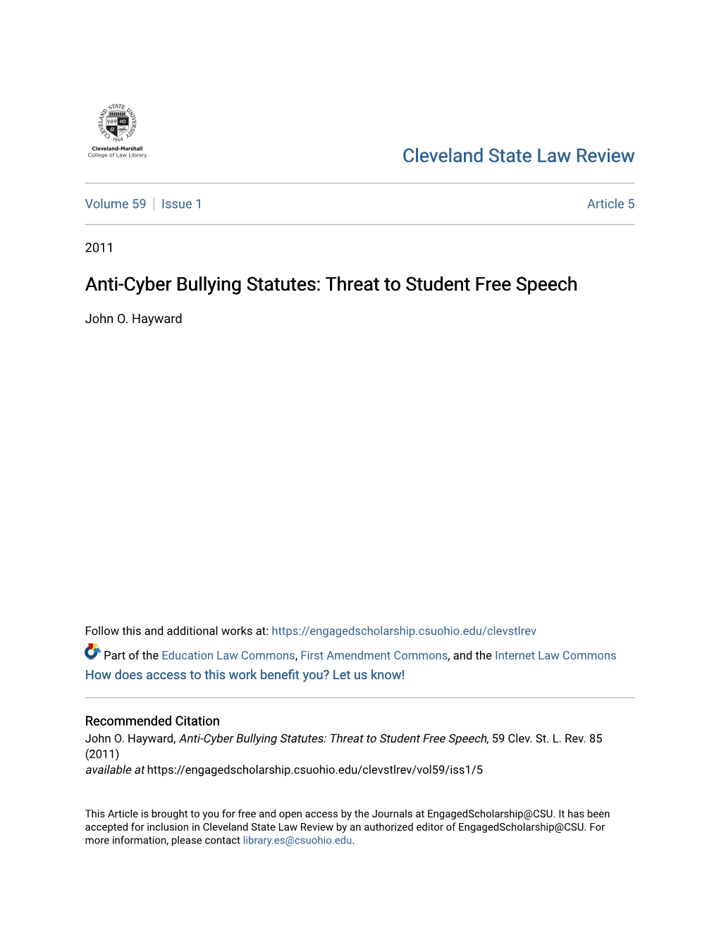 Anti-Cyber Bullying Statutes: Threat to Student Free Speech