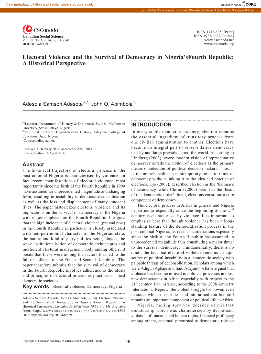 Electoral Violence and the Survival of Democracy in Nigeria’Sfourth Republic: a Historical Perspective