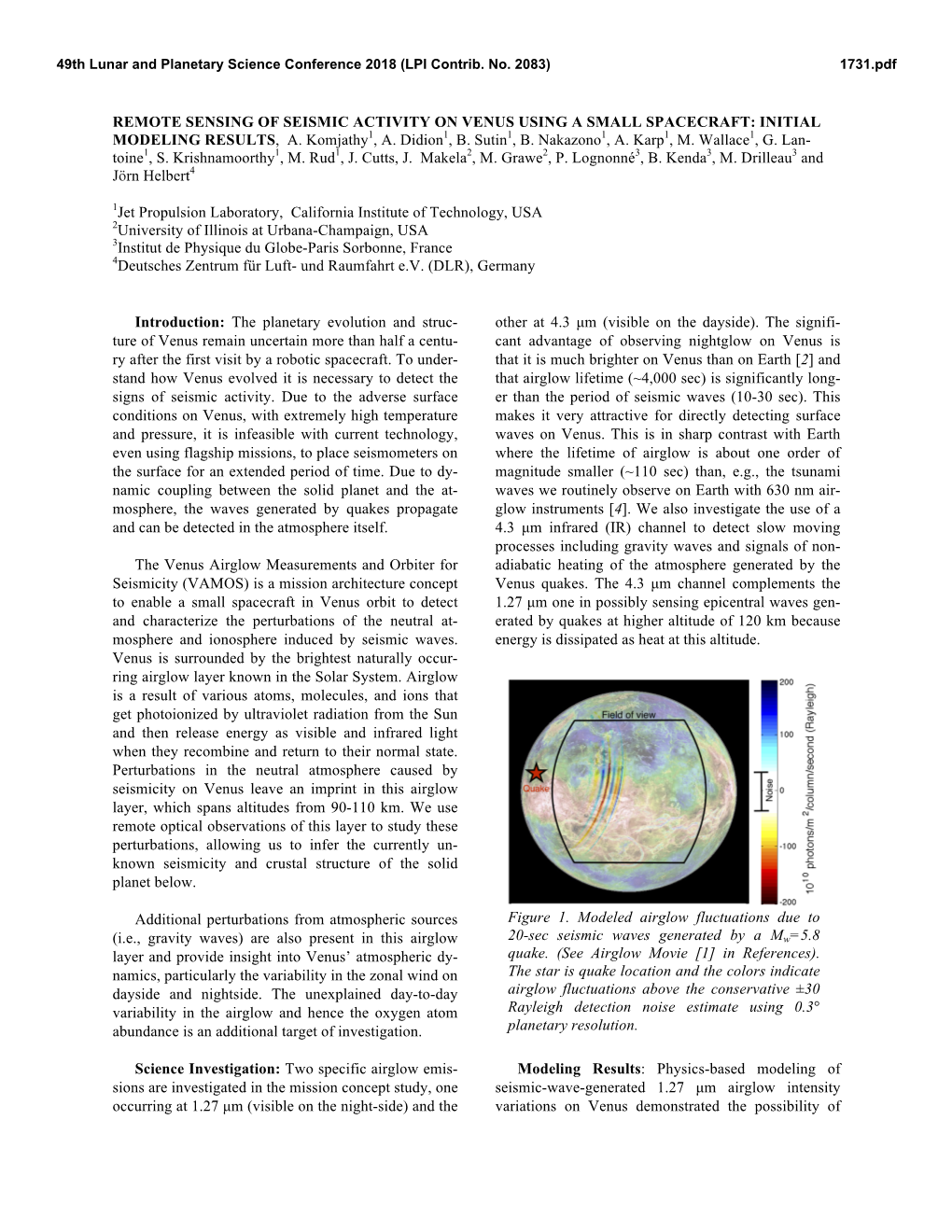 REMOTE SENSING of SEISMIC ACTIVITY on VENUS USING a SMALL SPACECRAFT: INITIAL MODELING RESULTS, A. Komjathy1, A. Didion1, B. Sutin1, B