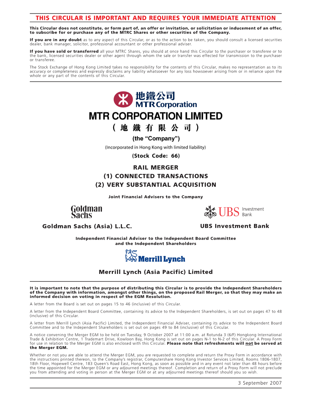 Rail Merger (1) Connected Transactions (2) Very Substantial Acquisition