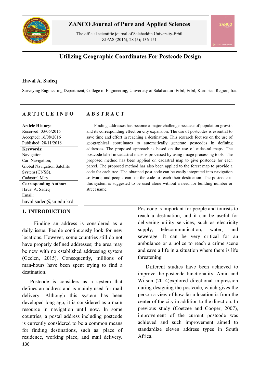 ZANCO Journal of Pure and Applied Sciences Utilizing Geographic