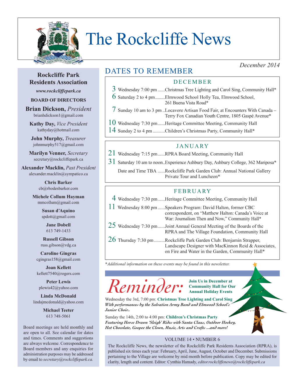 December 2014 Rockcliffe Park DATES to REMEMBER Residents Association DECEMBER 3 Wednesday 7:00 Pm