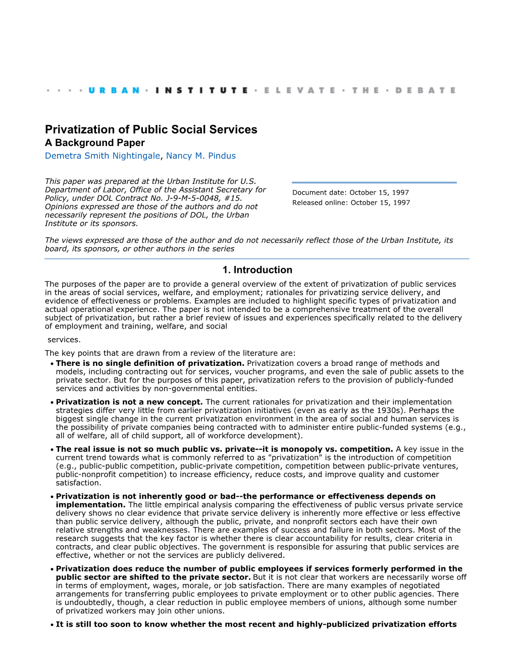 Privatization of Public Social Services a Background Paper Demetra Smith Nightingale, Nancy M