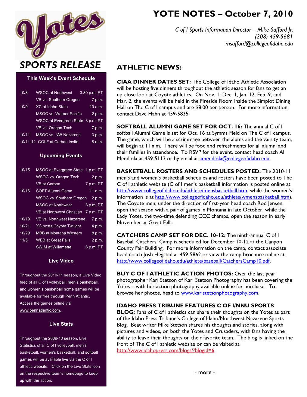 Sports Release Athletic News