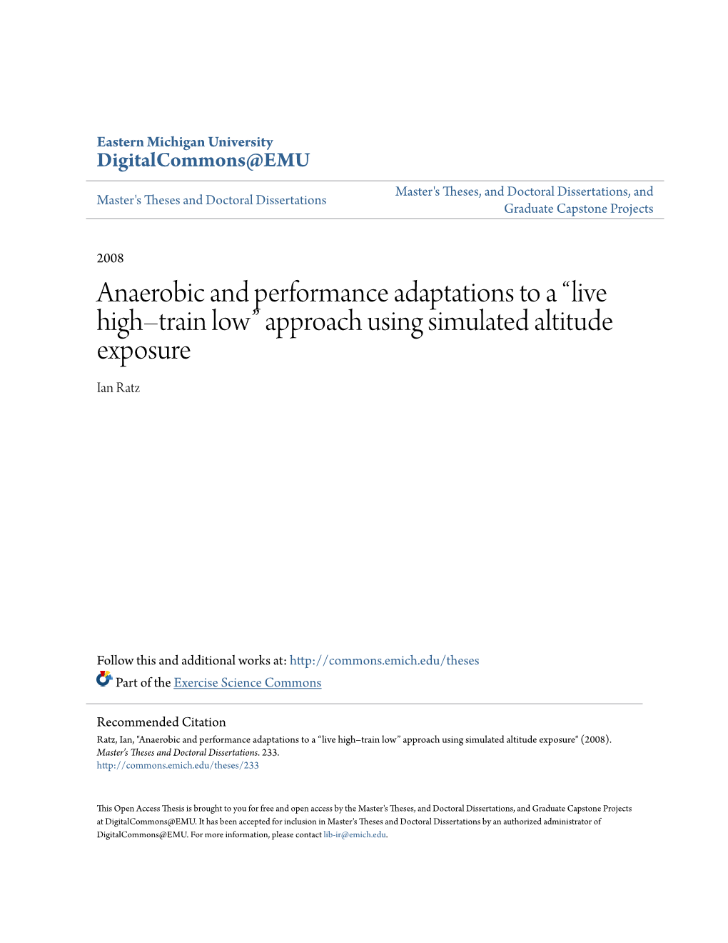 Approach Using Simulated Altitude Exposure Ian Ratz