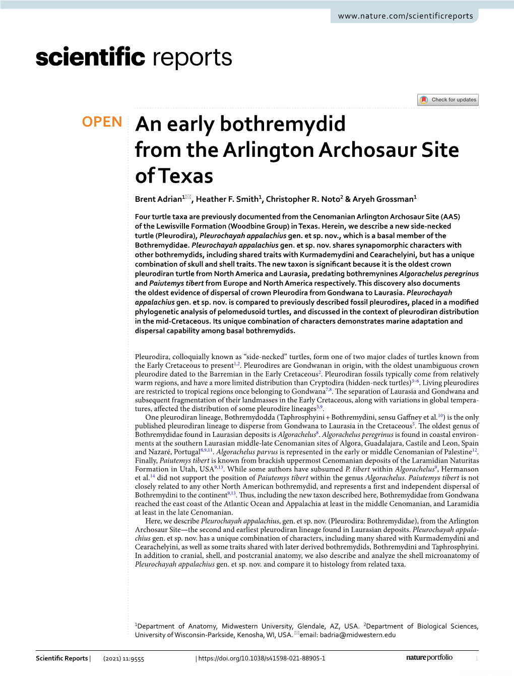 An Early Bothremydid from the Arlington Archosaur Site of Texas Brent Adrian1*, Heather F