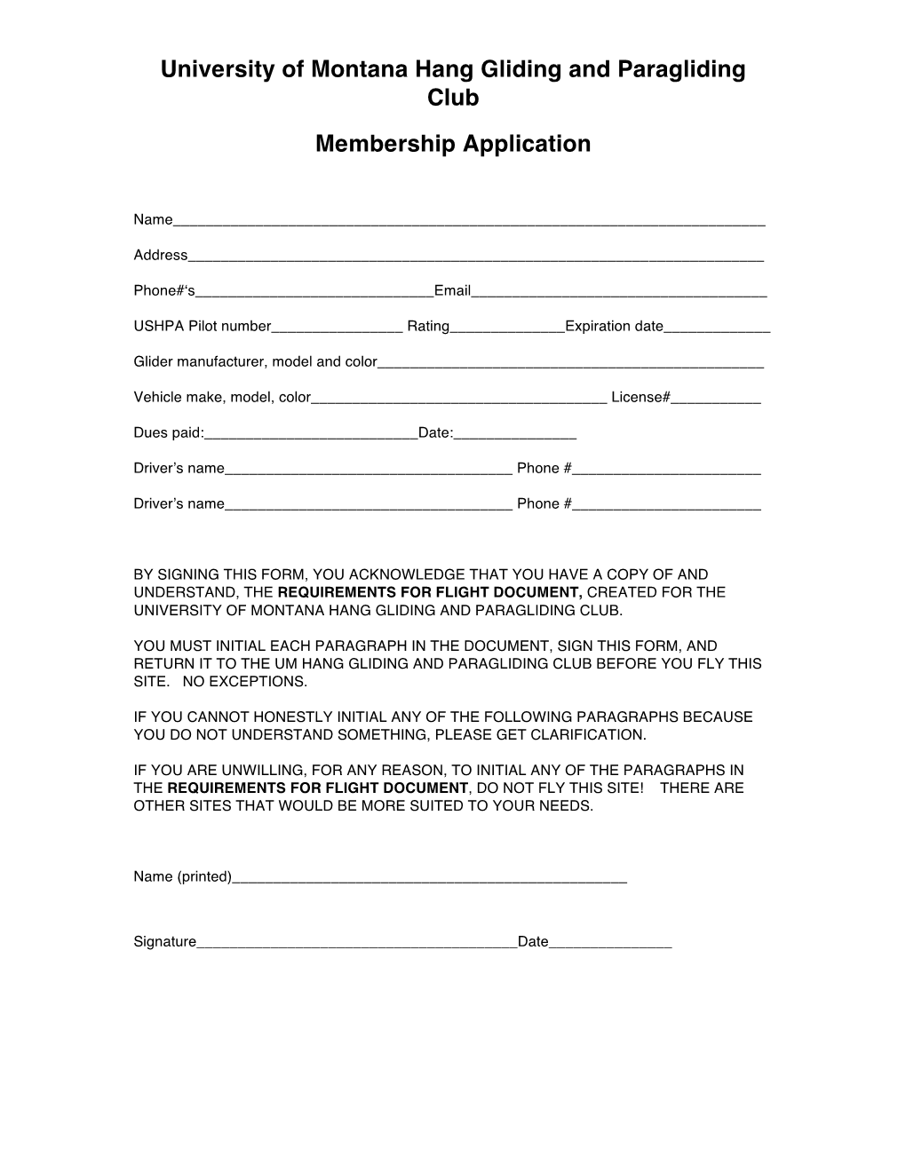 University of Montana Hang Gliding and Paragliding Club Membership Application