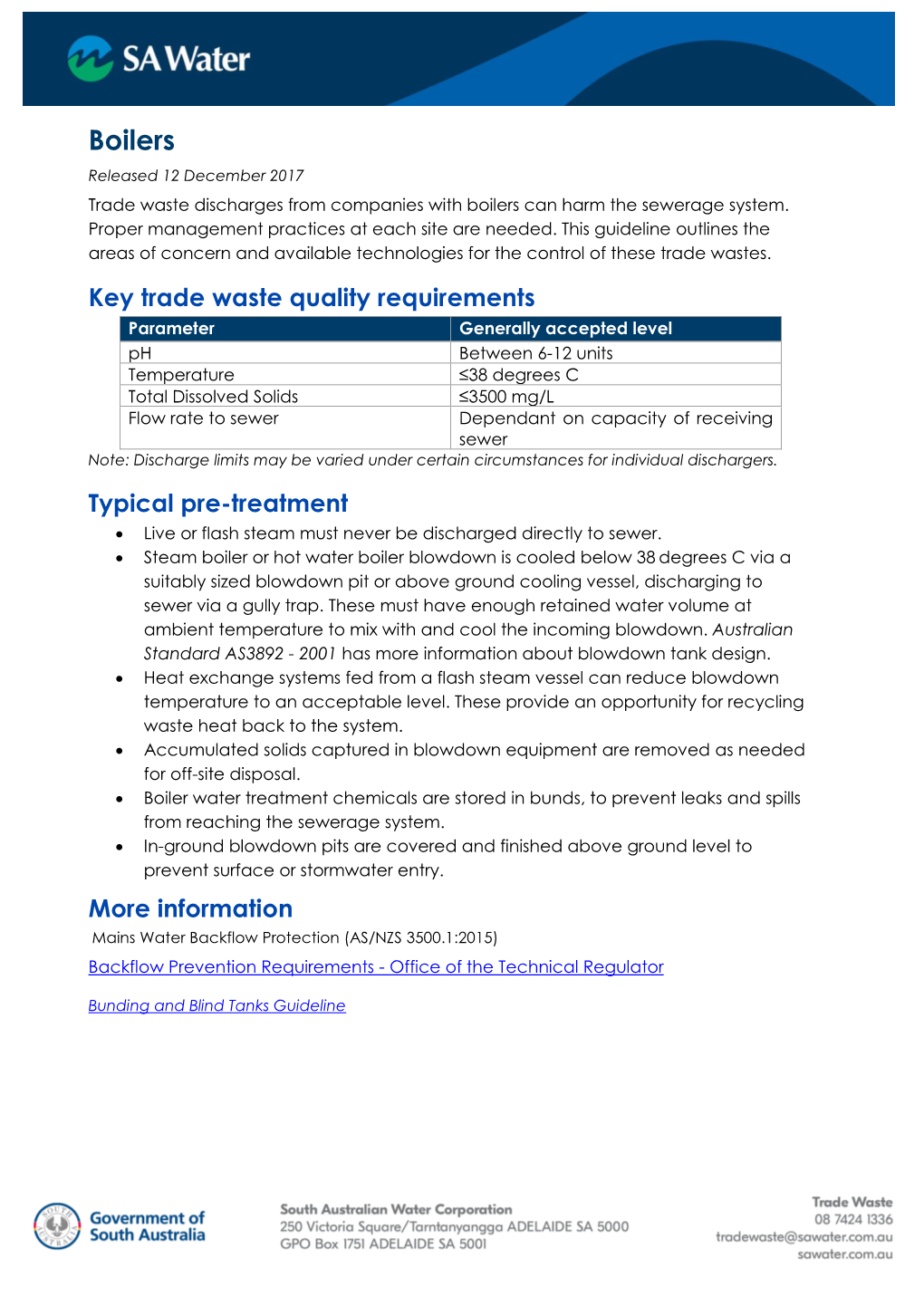 Boilers Released 12 December 2017 Trade Waste Discharges from Companies with Boilers Can Harm the Sewerage System