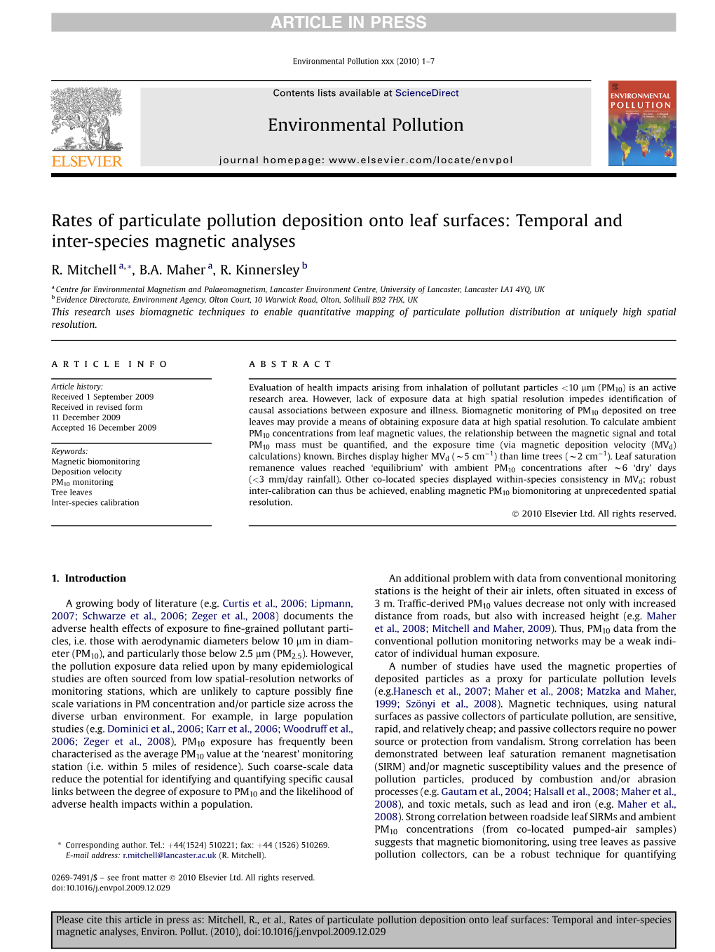 Rates of Particulate Pollution Deposition Onto Leaf Surfaces: Temporal and Inter-Species Magnetic Analyses