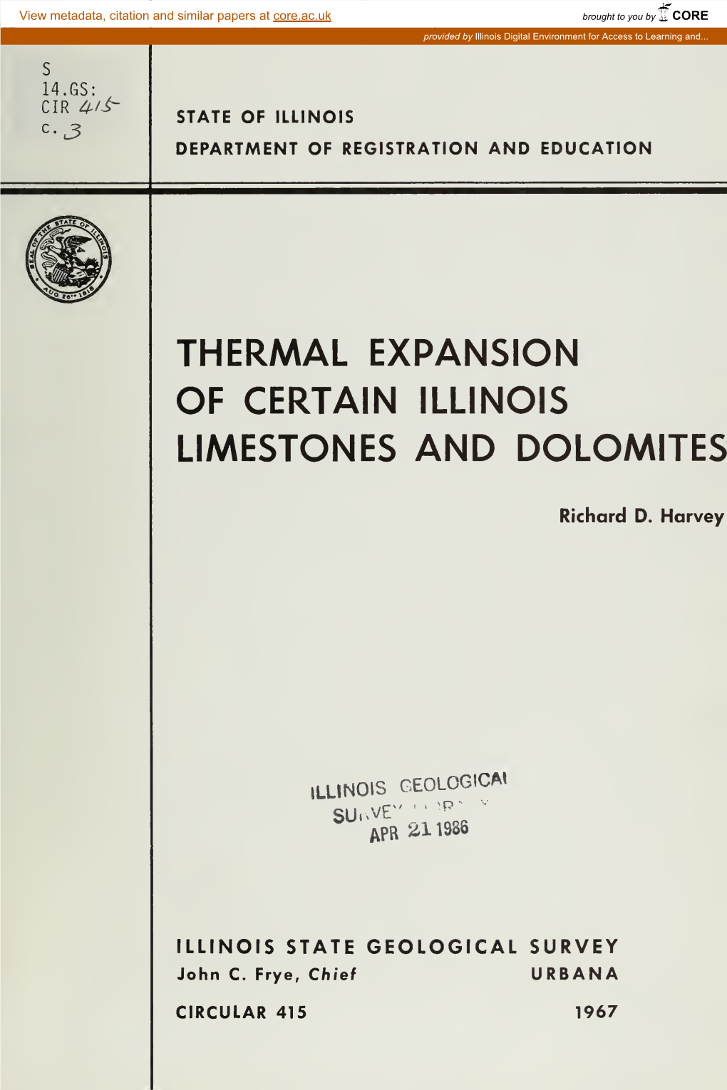 Thermal Expansion of Certain Illinois Limestones and Dolomites
