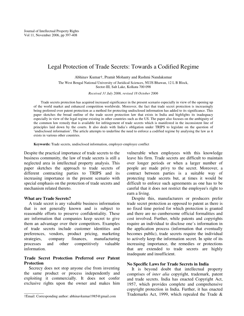 Legal Protection of Trade Secrets: Towards a Codified Regime