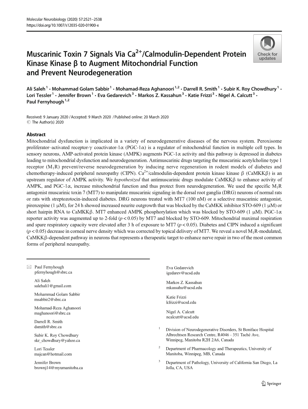 Muscarinic Toxin 7 Signals Via Ca2+/Calmodulin-Dependent Protein Kinase Kinase Β to Augment Mitochondrial Function and Prevent Neurodegeneration