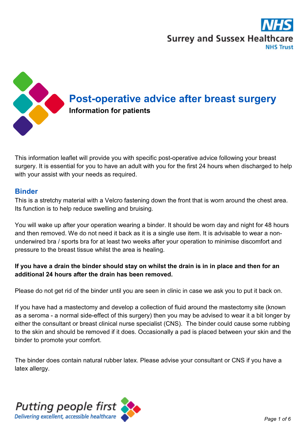 Post-Operative Advice After Breast Surgery Information for Patients