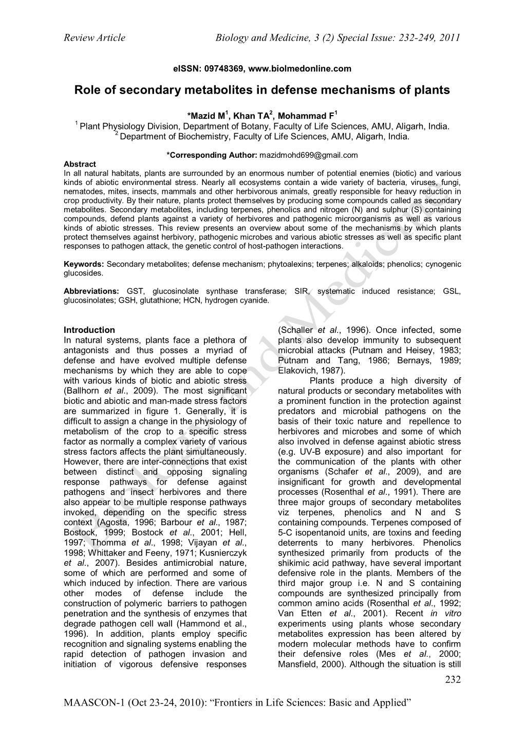 Role of Secondary Metabolites in Defense Mechanisms of Plants