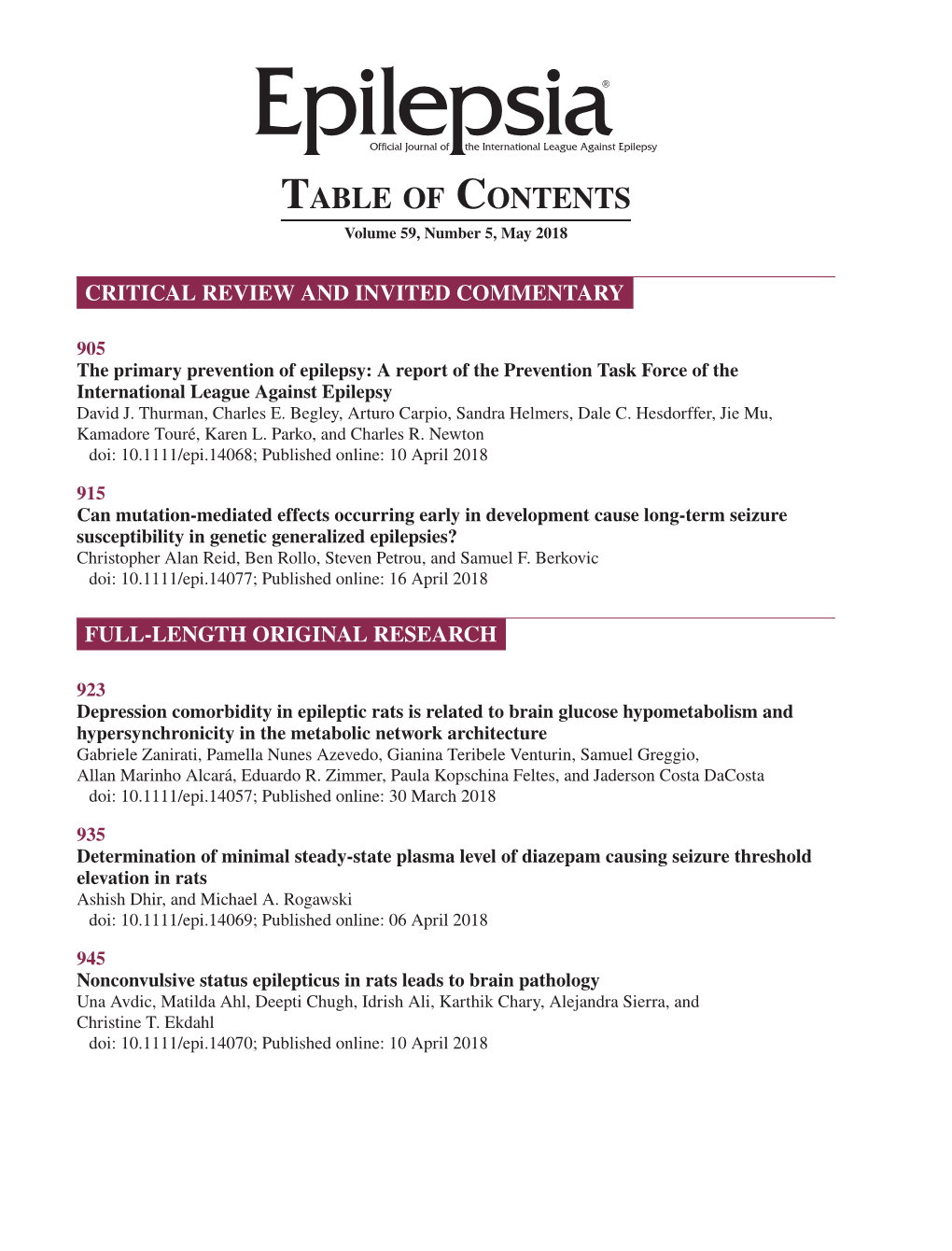 TABLE of CONTENTS Volume 59, Number 5, May 2018