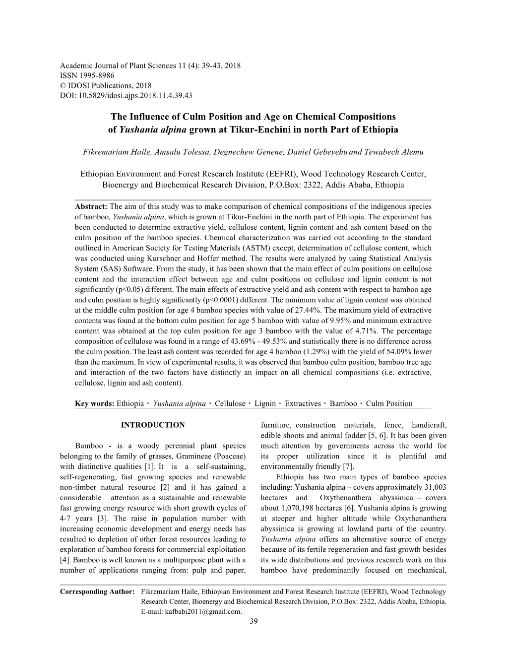 The Influence of Culm Position and Age on Chemical Compositions of Yushania Alpina Grown at Tikur-Enchini in North Part of Ethiopia