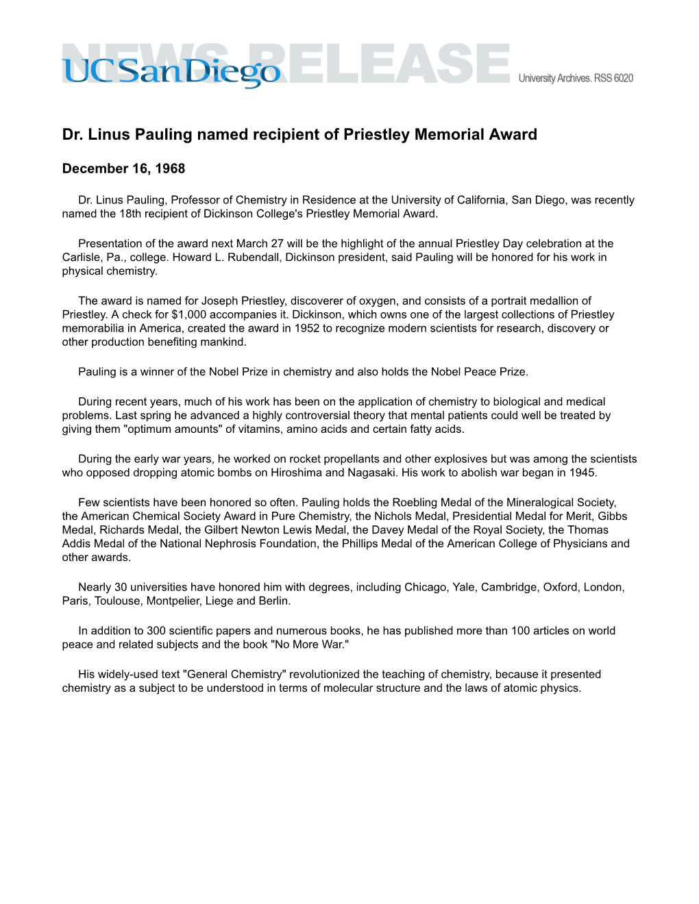 Dr. Linus Pauling Named Recipient of Priestley Memorial Award