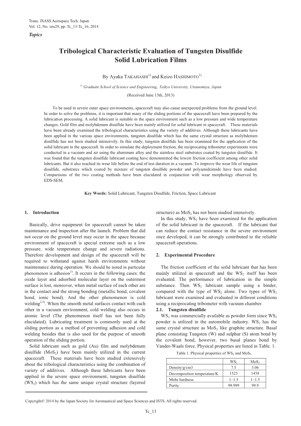 Tribological Characteristic Evaluation of Tungsten Disulfide Solid Lubrication Films