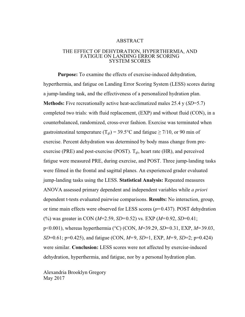 The Effect of Dehydration, Hyperthermia, and Fatigue on Landing Error Scoring System Scores