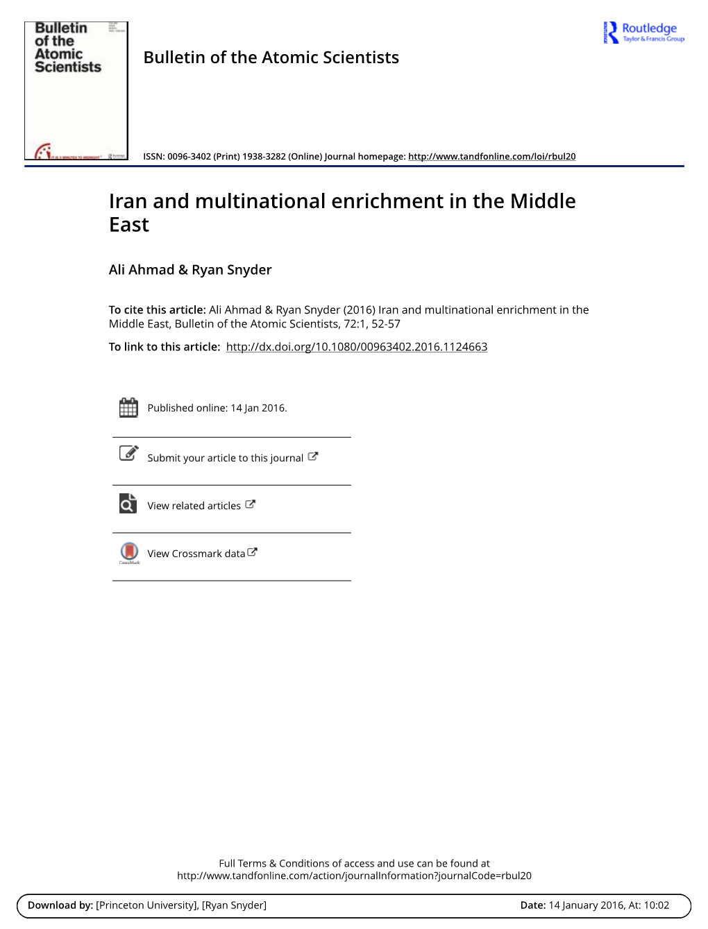 Iran and Multinational Enrichment in the Middle East