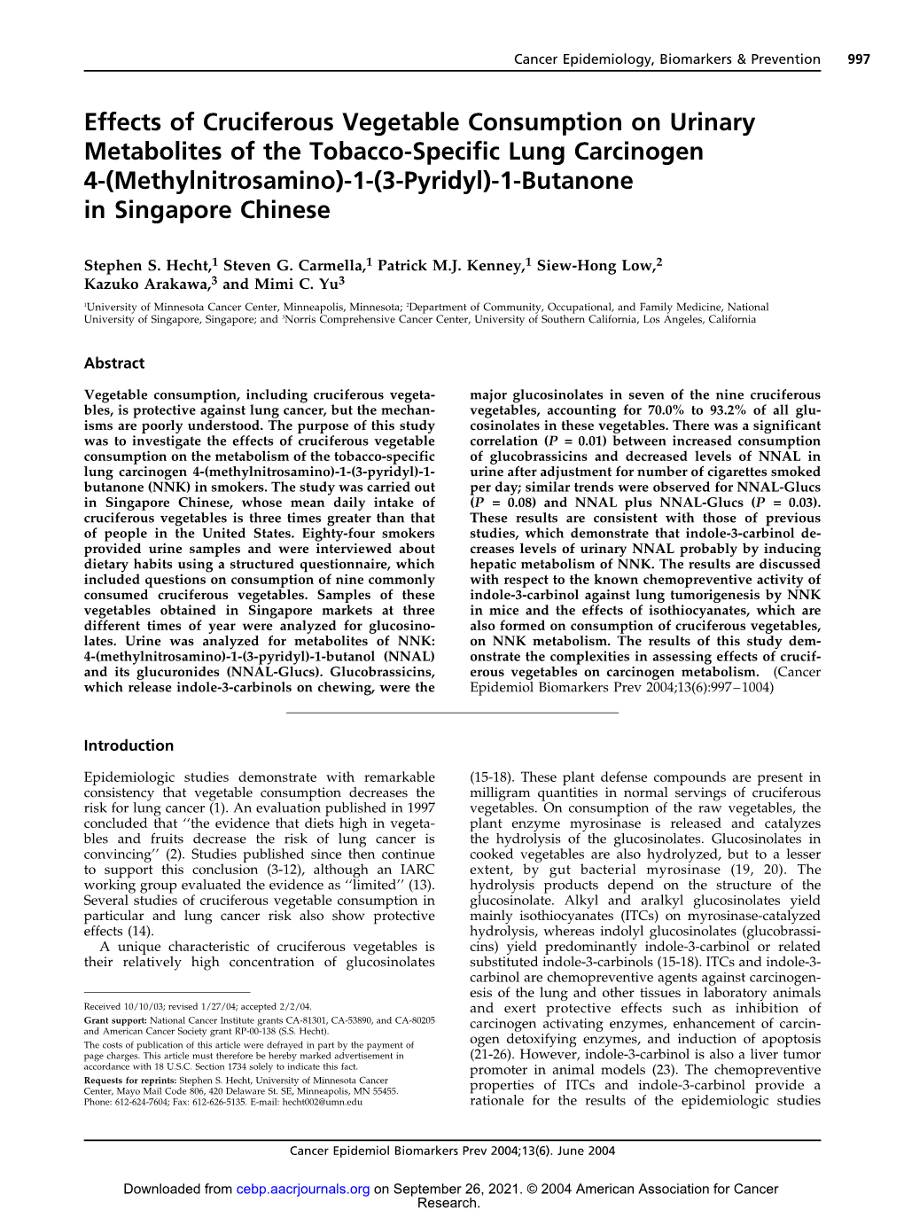 Effects of Cruciferous Vegetable Consumption on Urinary