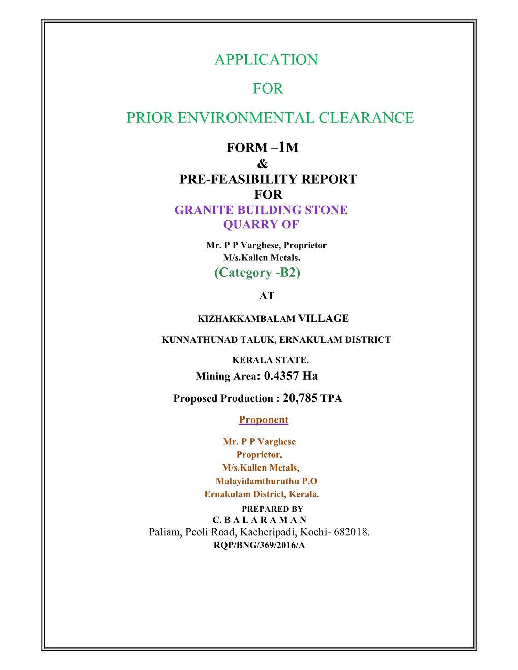 Application for Prior Environmental Clearance